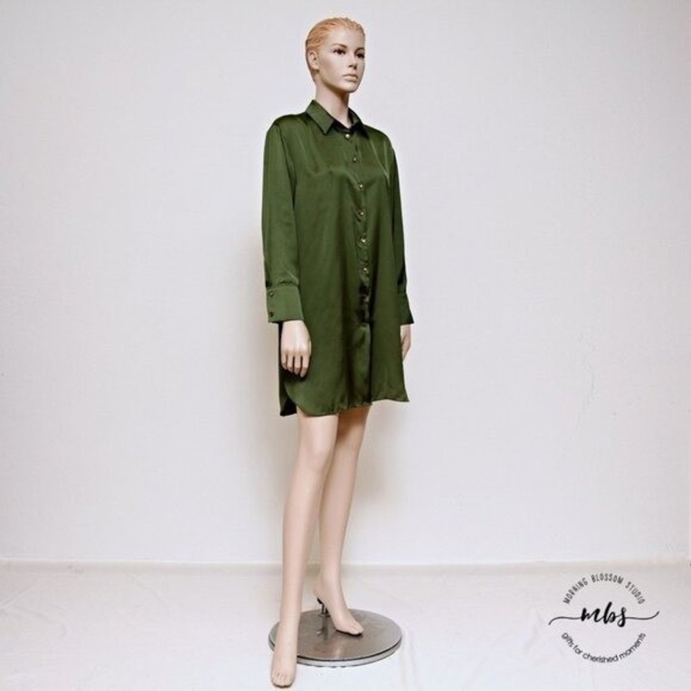 Zara Satin Effect Mini‎ Shirt Long Sleeve Button Down Dress  Olive Green Women S